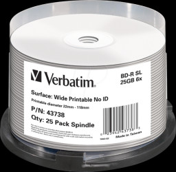 43738 BD-R, no ID, printable, 25 GB, 6x, spindle pack of 25