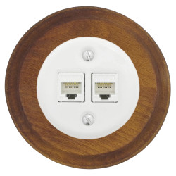 Gniazdo Ethernet Cat.6 x2 okrągłe białe ceramiczne podtynkowe z ramką drewnianą ciemną - Ceramic Loft