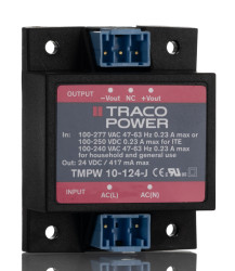 Zasilacz impulsowy nap. wyjściowe: 24V dc 10W 417mA 2 -wyjścia nap. wejściowe: 90 → 305V ac Montaż w obudowie