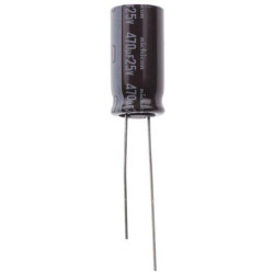 Kondensator 470μF 25V dc Radialny, Otwór przelotowy Nichicon roztaw: 5mm 10 (Dia.) x 20mm