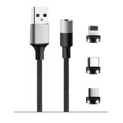 Kabel USB 3w1 Typ-C + mikroUSB + Lightning (iphone)1m srebrny magnetyczny