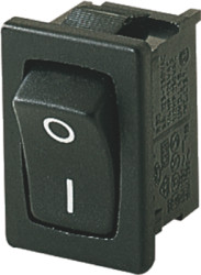 Rocker switch, black, 1 pole, On-Off, off switch, 10 (4) A/250 VAC, 6 (4) A/250 VAC, IP40, unlit, printed, 1801.2106