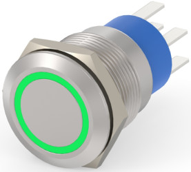 Vandal-proof pushbutton, 2 pole, silver, illuminated  (green), 5 A/250 VAC, mounting Ø 19.2 mm, IP67, 5-2213764-3