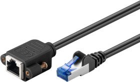 Extension cable with mounting flange, RJ45 plug, straight to RJ45 socket, straight, Cat 6A, S/FTP, LSZH, 3 m, black, 65644