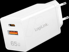 PA0371 USB charger, 65 W, 1x USB-C PD, 1x USB-A QC, GaN, white