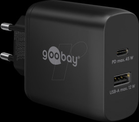 65411 USB charger, 45 W, 1x USB-A, 1x USB-C (PD), GaN, black