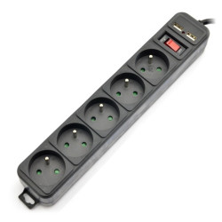 Listwa zasilająca z zabezpieczeniami Akyga AK-SP-05U czarna - 5 gniazd + 2 USB - 1,5m