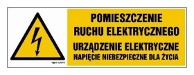 ZNAK - HB026 Pomieszczenie ruchu elektrycznego urządzenie elektryczne napięcie niebezpieczne dla życia 30 x 10 cm FN - Folia sam