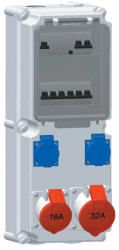 Rozdzielnica naścienna 2x16A 230V, 1xCEE 16A 5P 400V, 1xCEE 32A 5P 400V, 1x FI40/0,03A, 2xB16/1, 1xC16/3, 1xC32/3 IP44 519293