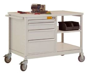 Manuflex LW1001.0002 ESD Przenośny wózek stołowy z 2 półkami wkładanych z melaminy, jasnoszary 25 mm płyta, z podniesion