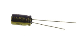 Kondensator 47μF 50V dc Radialny, Otwór przelotowy Panasonic roztaw: 2.5mm 6.3 (Dia.) x 11.2mm