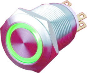 Vandal-proof pushbutton, 1 pole, silver, illuminated  (green), 5 A/250 V, mounting Ø 19 mm, IP65, PAV19BMFS2F6N