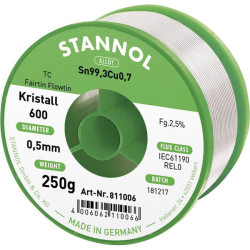 Stannol 811006 Kristall 600 Lead-free Solder Sn993Cu07 0.5mm 250g