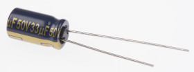 Kondensator 33μF 50V dc Radialny, Otwór przelotowy Panasonic roztaw: 2.5mm 6.3 (Dia.) x 11.2mm