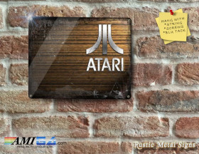 80's Retro Atari Logo on Wood Effect - Printed - Metal Sign