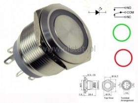 Przycisk chwilowy 22mm; czerwony - zielony LED 12V
