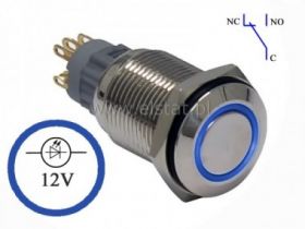 Przycisk chwilowy 16mm; płaski LED niebieski 12V