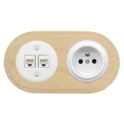 Gniazdo Ethernet Cat6 x2 + Gniazdo elektryczne okrągłe białe z ramką podwójną jasne drewno, montaż podtynkowy, Ceramic Loft