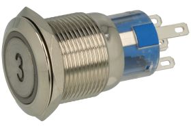 Przełącznik; przyciskowy; PBW-19B3R; OFF-(ON); 1 tor; podświetlenie LED 12V; czerwony; cyfra 3; monostabilny; na panel; 2A; 250V