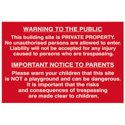 Scan 4251 Building Site Warning To Public And Parents - PVC 600 x 400mm
