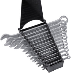 Open-ended ring wrench kit, 12 pieces with holder, 6-22 mm, 850 g, chromium-vanadium steel, 6-600