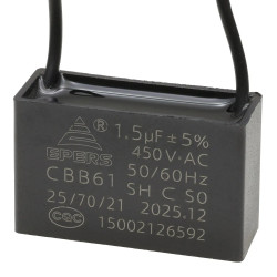 Kondensator rozruchowy do silnika 1.5uF 450VAC, przewody 20cm, 37x13.5x24mm