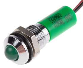 Lampka kontrolna do montażu panelowego 110V ac, zielona 8mm LED Chrom Wyprowadzenia RS PRO