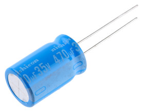 Kondensator 470μF 35V dc Radialny, Otwór przelotowy Nichicon roztaw: 5mm 12.5 x 20mm