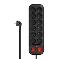 Listwa Zasilająca 1,8m 12-Gniazd, Dwurzędowa, Czarna, 2 Wyłączniki