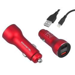 Ładowarka USB samochodowa 30W 5A 2xUSB, QC 3.0 Czerwona, Kabel Iphone