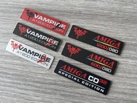 Amiga Vampire and CD32 badges 0.5mm thick