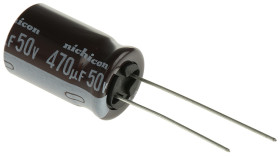 Kondensator 470μF 50V dc Radialny, Otwór przelotowy Nichicon roztaw: 5mm 12.5 (Dia.) x 20mm