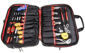 Zestaw narzędzi RS PRO Dłuto, Obcinaki, Młotek, Nóż, Szczypce, Punktak, Piła, Wkrętak, Nożyce, Taśma miernicza, Tester