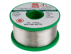 Lut bez ołowiu średnica 0.38mm RS PRO 0% Pb temp. topnienia 217°C 250g 0.5% Cu 96.5% Zn 3% Ag