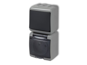 JUNIOR IP54 Wyłącznik pojedynczy z gniazdem pojedynczym z uziemieniem (klapka dymna: przesłony torów prądowych) popielaty / graf