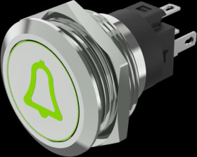 Vandal-proof pushbutton, silver, illuminated  (green), mounting Ø 19 mm, IP65/IP67, 82-6151.1A34.B005