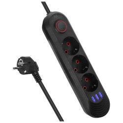 Listwa zasilająca Maclean, przedłużacz 3gniazda + 3xUSB, 110-240V AC 50/60Hz, 2.1A max 2500W, 1,5m, czarna ,MCE394 B