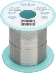 Solder, lead-free, SAC (Sn3.0Ag0.5Cu3.5%), Ø 0.5 mm, 100 g, WSW SAC L0 0,5MM 100G