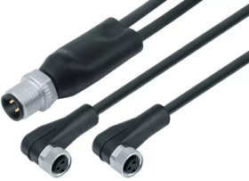 Sensor actuator cable, M12-cable plug, straight to 2 x M8-cable socket, angled, 4 pole/2 x 3 pole, 1 m, PUR, black, 4 A, 77 9829
