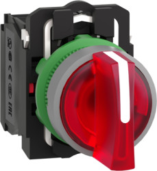 Toggle switch, 3 positions, illuminable, latching, 1 Form A (N/O) + 1 Form B (N/C), waistband round, red, front ring gray, 45°,
