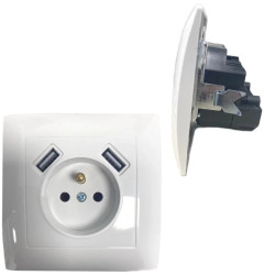 Gniazdo Elektryczne Pojedyncze z Uziemieniem 2x USB 5V 2A 230V 10A Białe