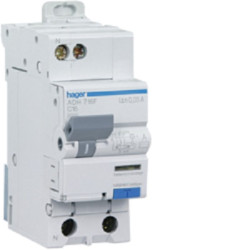 Wyłącznik różnicowoprądowy z członem nadprądowym RCBO, Typ A-HI, 1-biegunowy, 16A, 30mA, Hager, ADH7