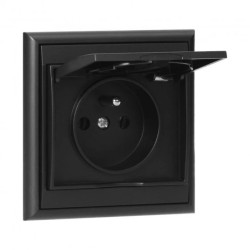 Gniazdo pojedyncze p/t 2P+Z, bryzgoszczelne z klapką Luna, 16A, 250V, PT-16LH, czarny,OR-OE-7605/BB