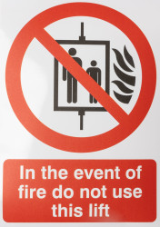 Znak BHP, tekst: "In The Event Of Fire Do Not Use This Lift, Poliester winylowy, kolor: Czarny, Czerwony, Biały BS