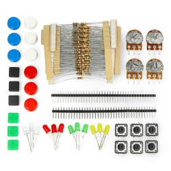 Zestaw elementów elektronicznych - diody, rezystory, przyciski