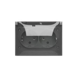 Simon Aquaclick Gniazdo natynkowe, Schuko, podwójne kompaktowe, klapka transparentna, IP44, zaciski śrubowe ciemnoszary