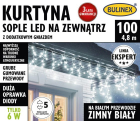 Kurtyna świetlna zewnętrzna 100l kurtyna sople z dod.gniazdem 5m dekoracji+1,5m przew.zas. biały/ biały przewód 25-654