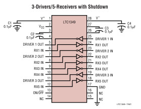 5V Low Power RS232 3-Driver/5-Receiver Transceiver with 2 Receivers Active in Shutdown