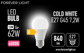 Żarówka LED E27 G45 7.2W 840lm 6000K klasa E Forever Light