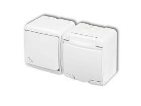 JUNIOR IP54 Wyłącznik schodowy z gniazdem pojedynczym z uziemieniem schuko (klapka biała: przesłony torów prądowych) biały WGHH-